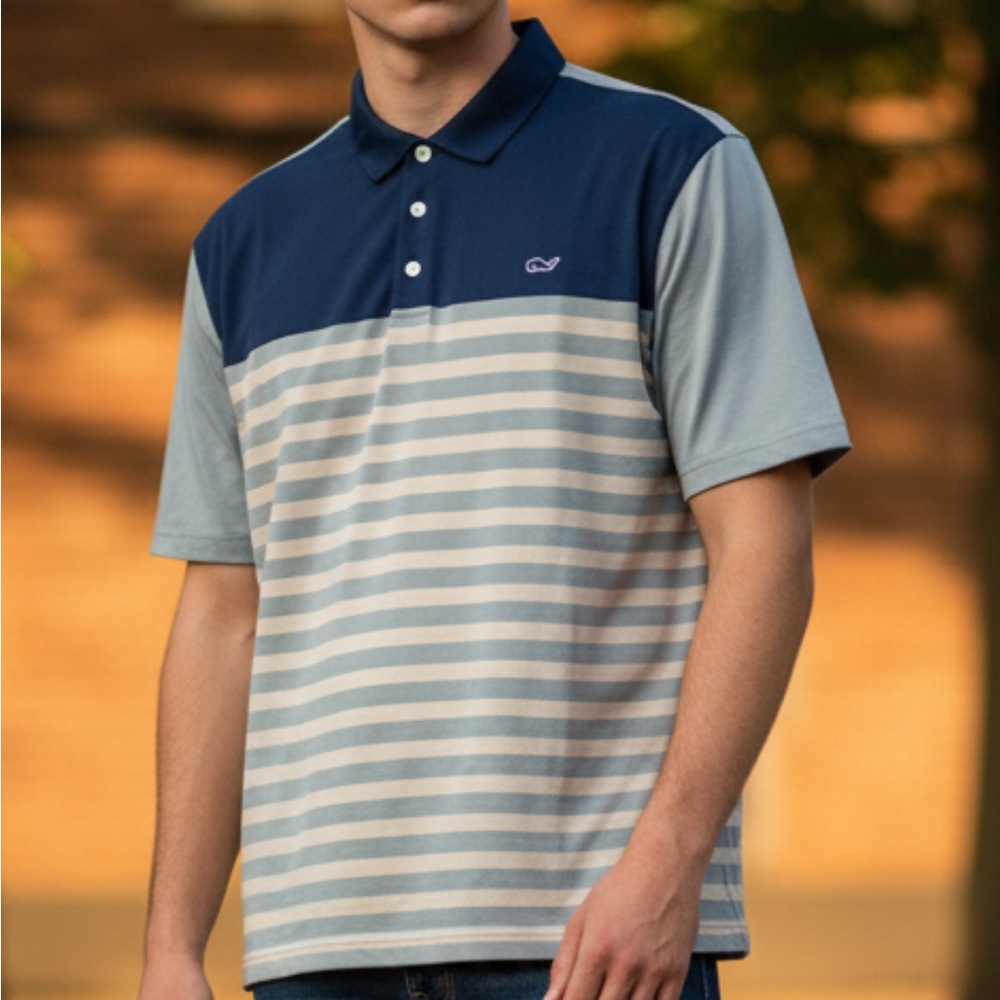Vineyard Vines Navy and Light Blue Striped Polo XXL
